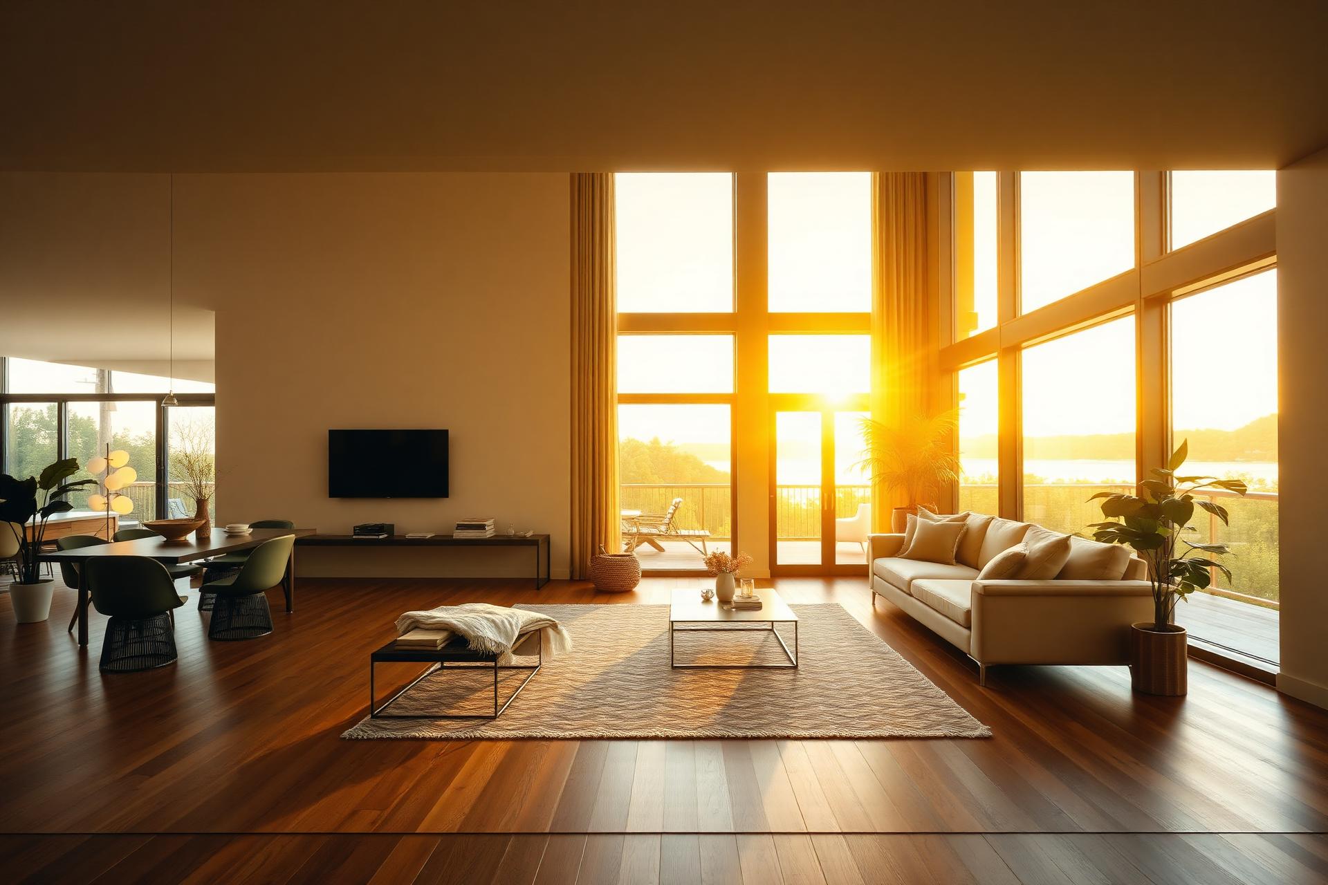 Sunlit modern living room with large windows
